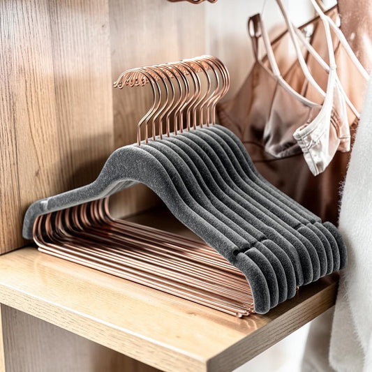 Qybxg Non-Slip Velvet Hangers - 30 Pack Ultra-Slim Space-Saving Suit Hangers with Rose Gold Hooks & Cascading Hooks - Felt Hangers - Charcoal Grey