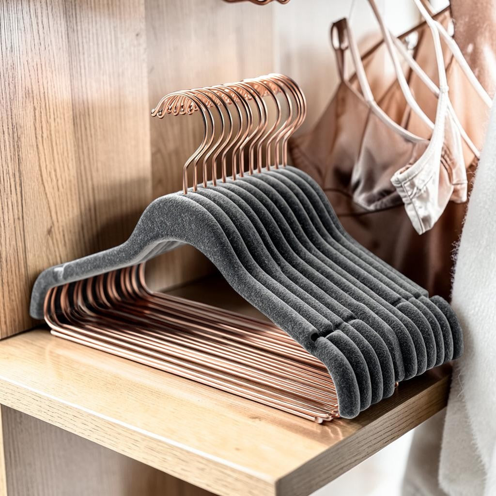 Qybxg Non-Slip Velvet Hangers - 30 Pack Ultra-Slim Space-Saving Suit Hangers with Rose Gold Hooks & Cascading Hooks - Felt Hangers - Charcoal Grey